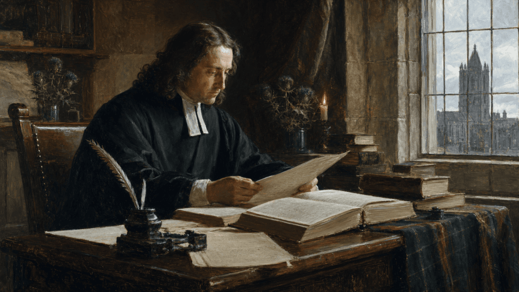 Seventeenth-century Scottish theologian studying manuscripts in a St Andrews room